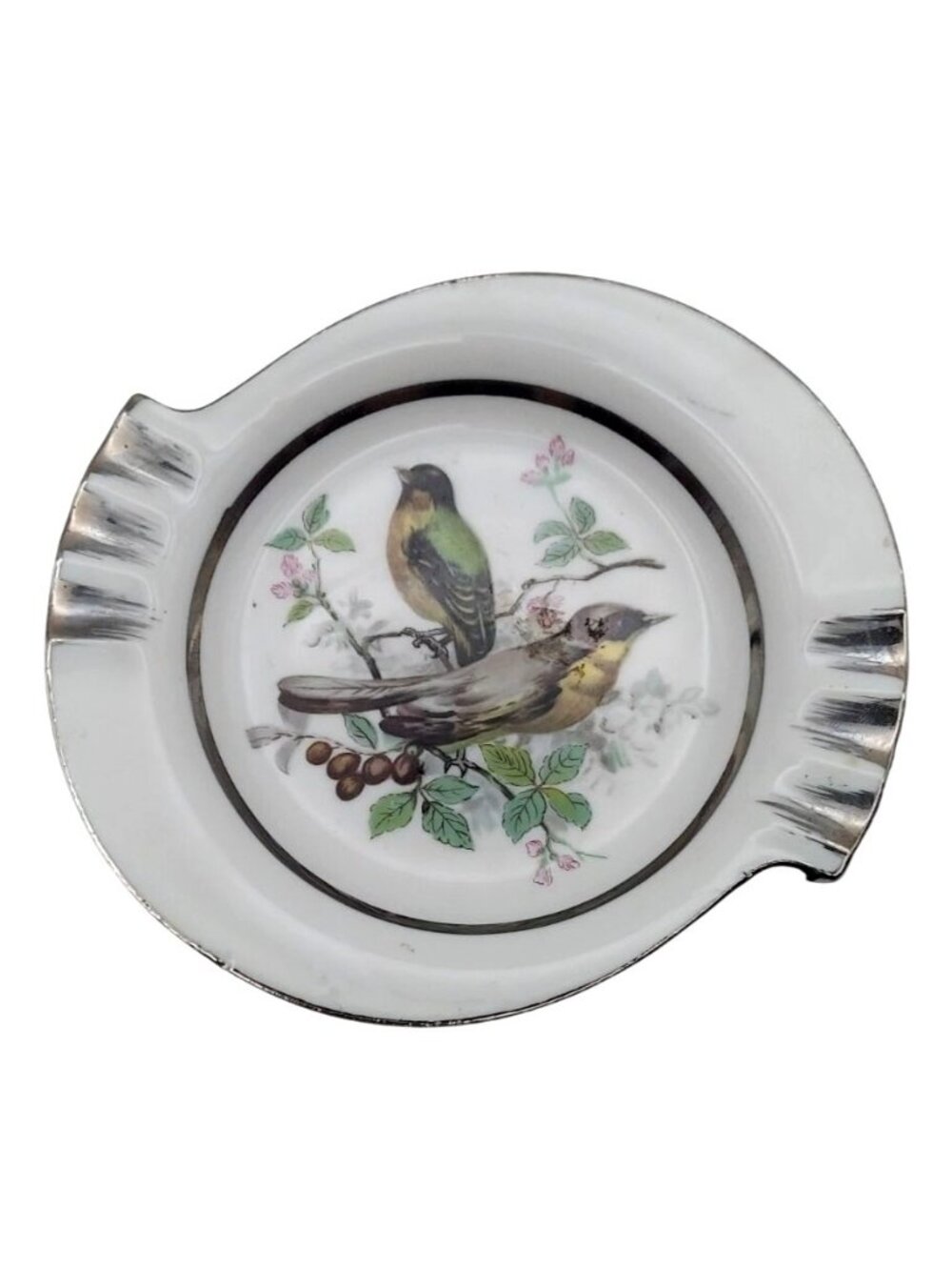 Norleans Porcelain Ashtray With Bird Motif & Silver Trim Japan Vintage MCM